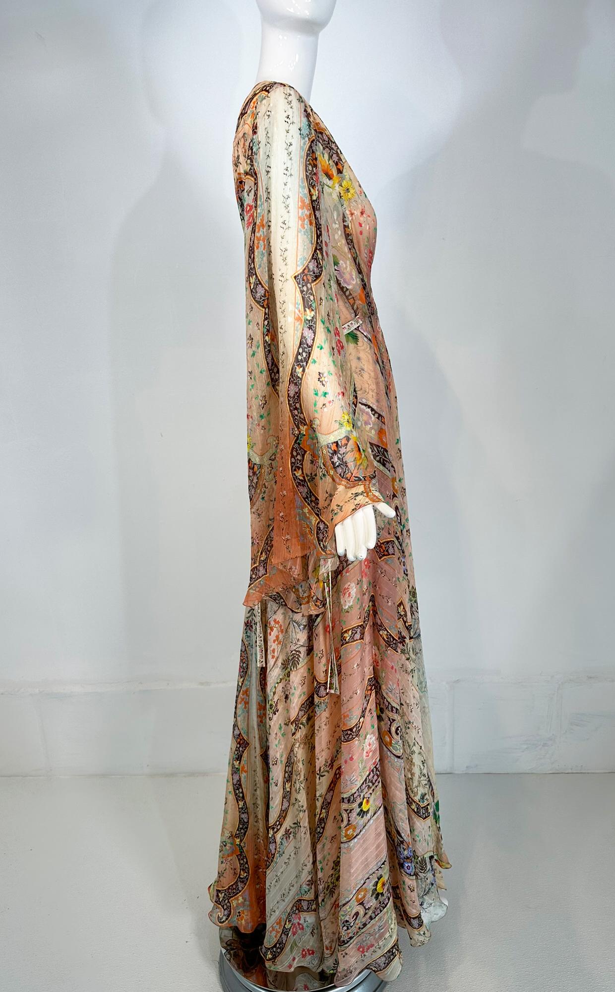 Etro Golden Floral Silk Chiffon Bias Cut Bell Sleeve Full Skirt Maxi Dress 40 1