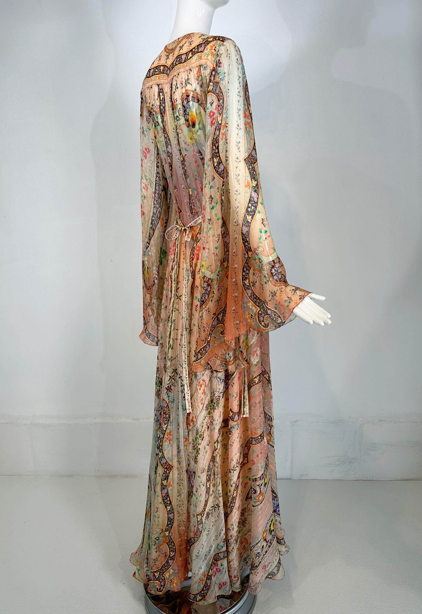 Etro Golden Floral Silk Chiffon Bias Cut Bell Sleeve Full Skirt Maxi Dress 40 2
