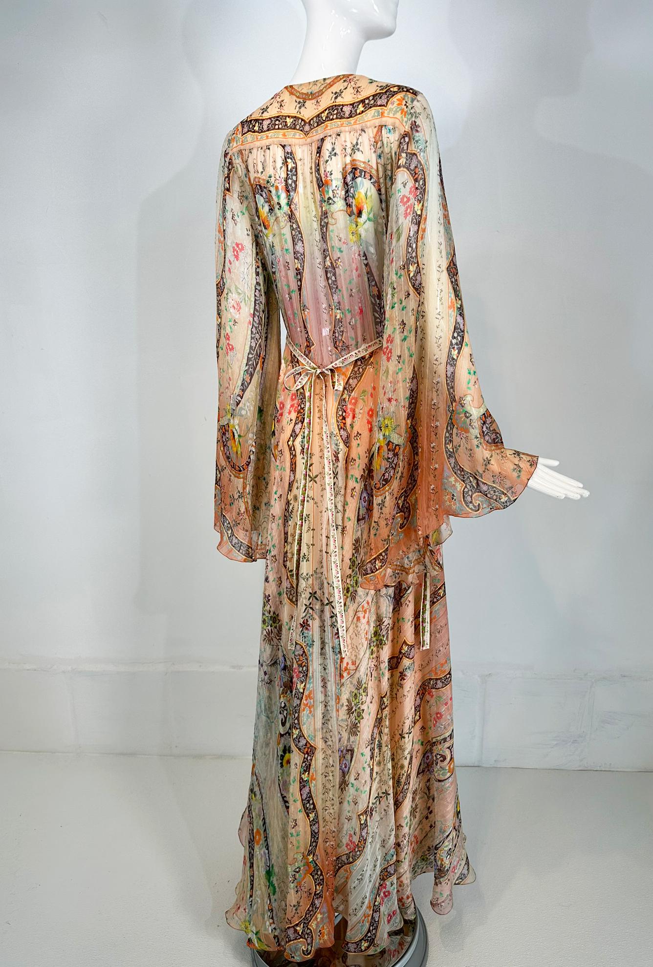 Etro Golden Floral Silk Chiffon Bias Cut Bell Sleeve Full Skirt Maxi Dress 40 3