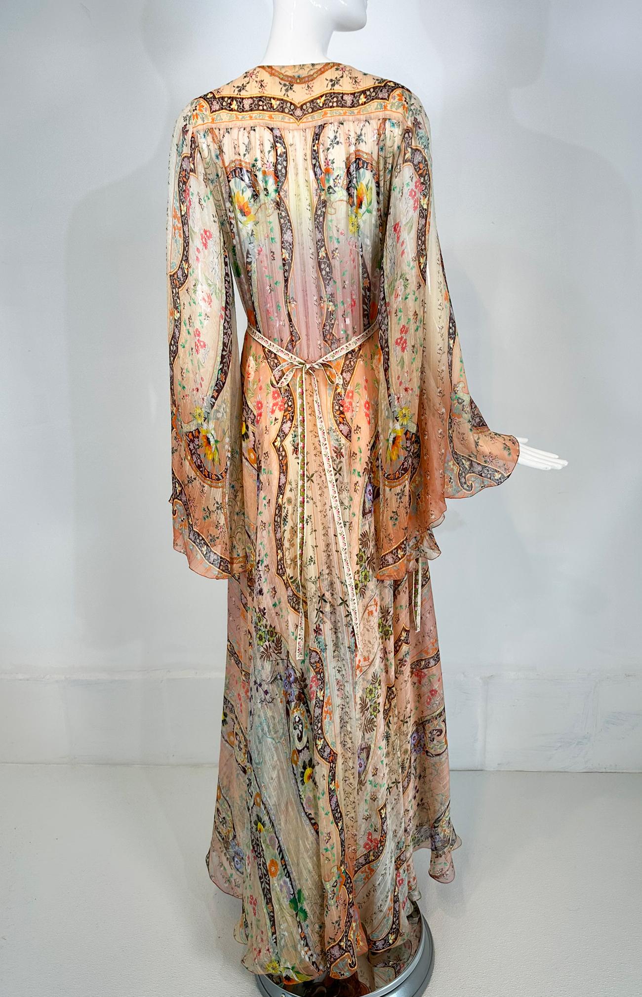 Etro Golden Floral Silk Chiffon Bias Cut Bell Sleeve Full Skirt Maxi Dress 40 4