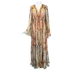 Etro Golden Floral Silk Chiffon Bias Cut Bell Sleeve Full Skirt Maxi Dress 40