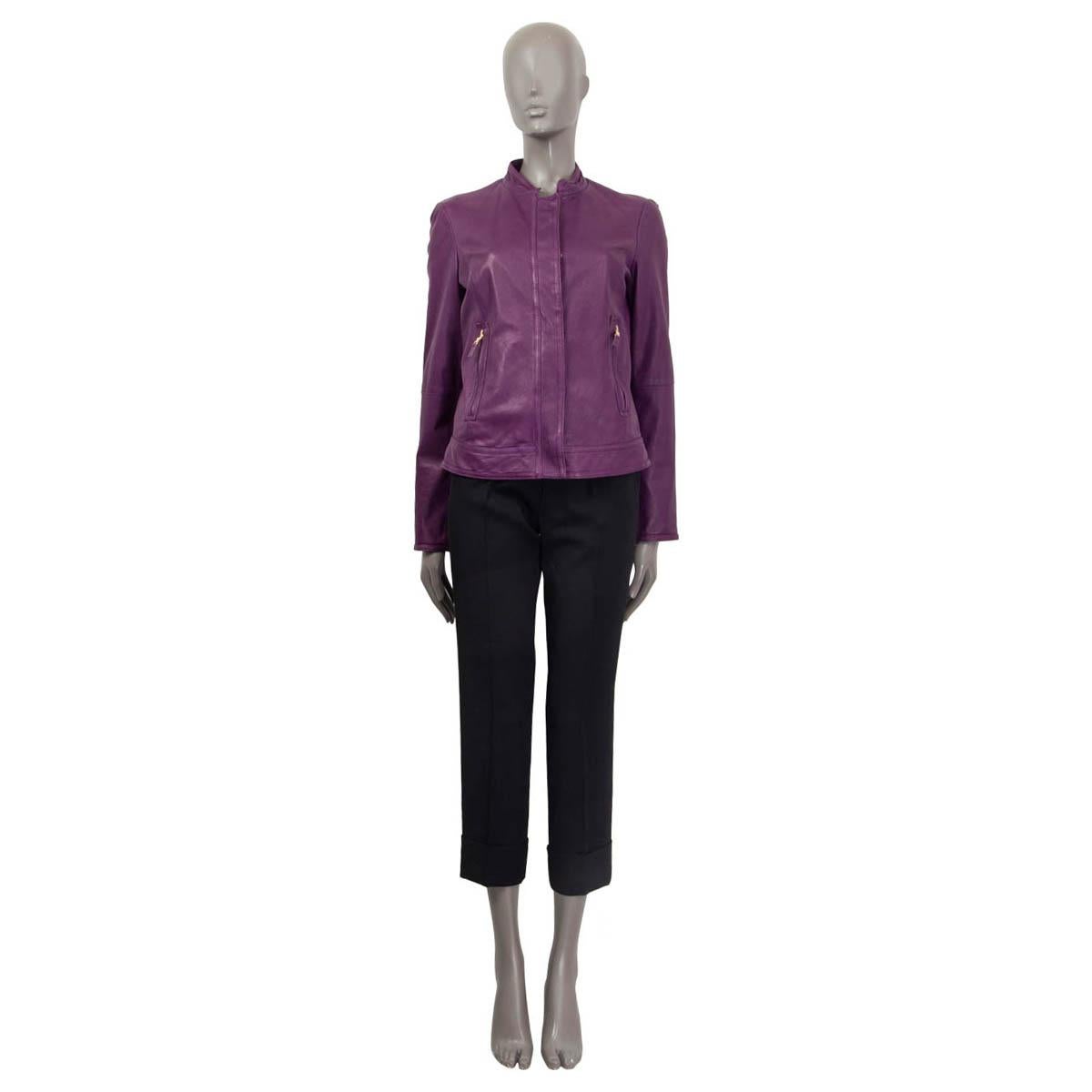 100% authentic Etro jacket in purple lamb leather (100%). Features two buttoned pockets on the front, zipped cuffs and a stand-up collar. Opens with a concealed zipper and five push buttons on the front. Lined in multicolored viscose (100%). Has