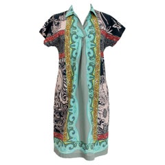 Etro Gray Light Blu Cotton Short Sleeve Floral Summer Casual Wide Dress 