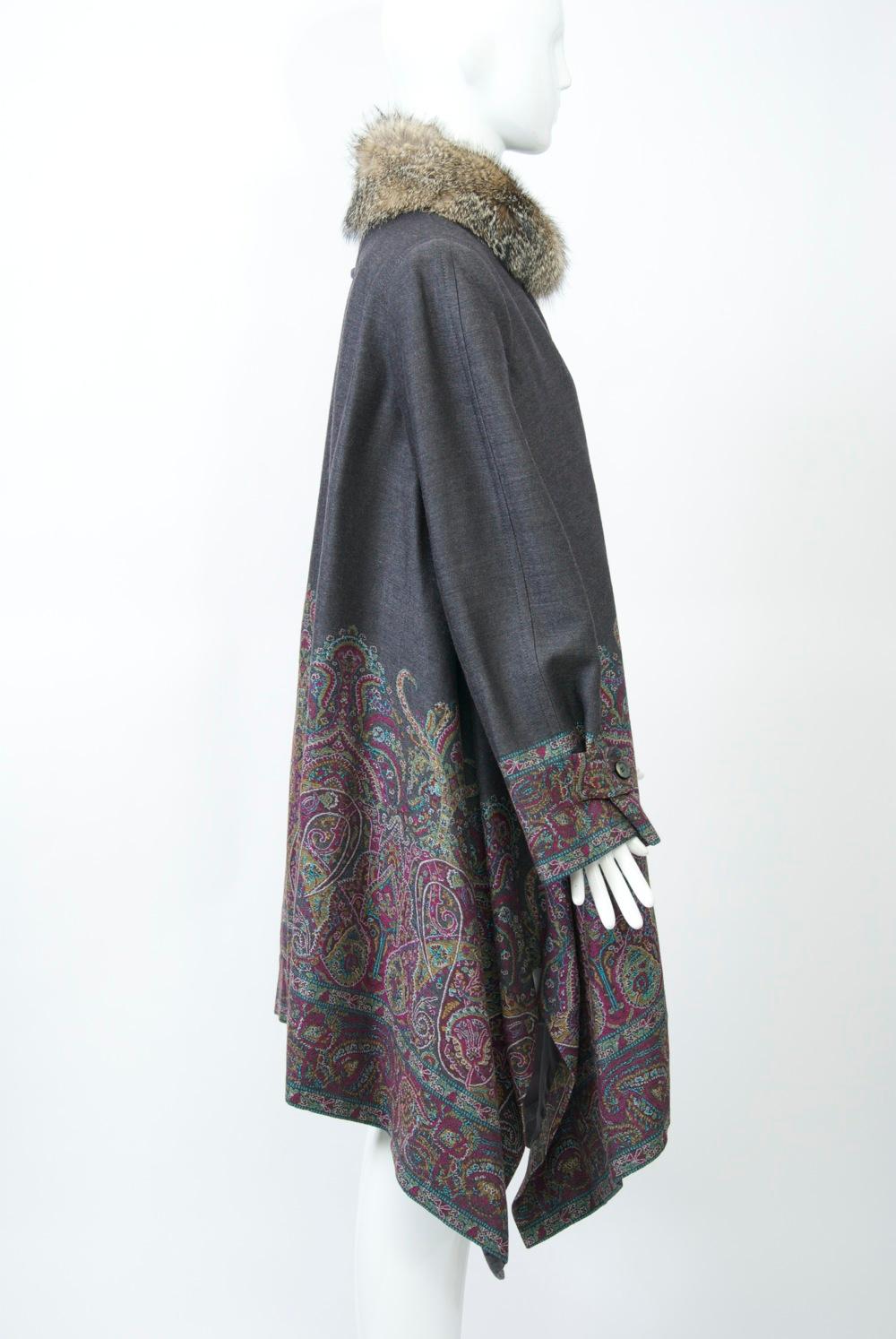 Etro Gray Wool/Paisley Coat with Handkerchief Hem 1