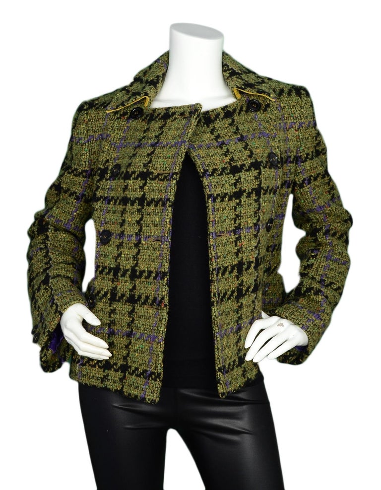 Etro Green/Black Tweed/Herringbone Pattern Wool Double Breasted Jacket ...