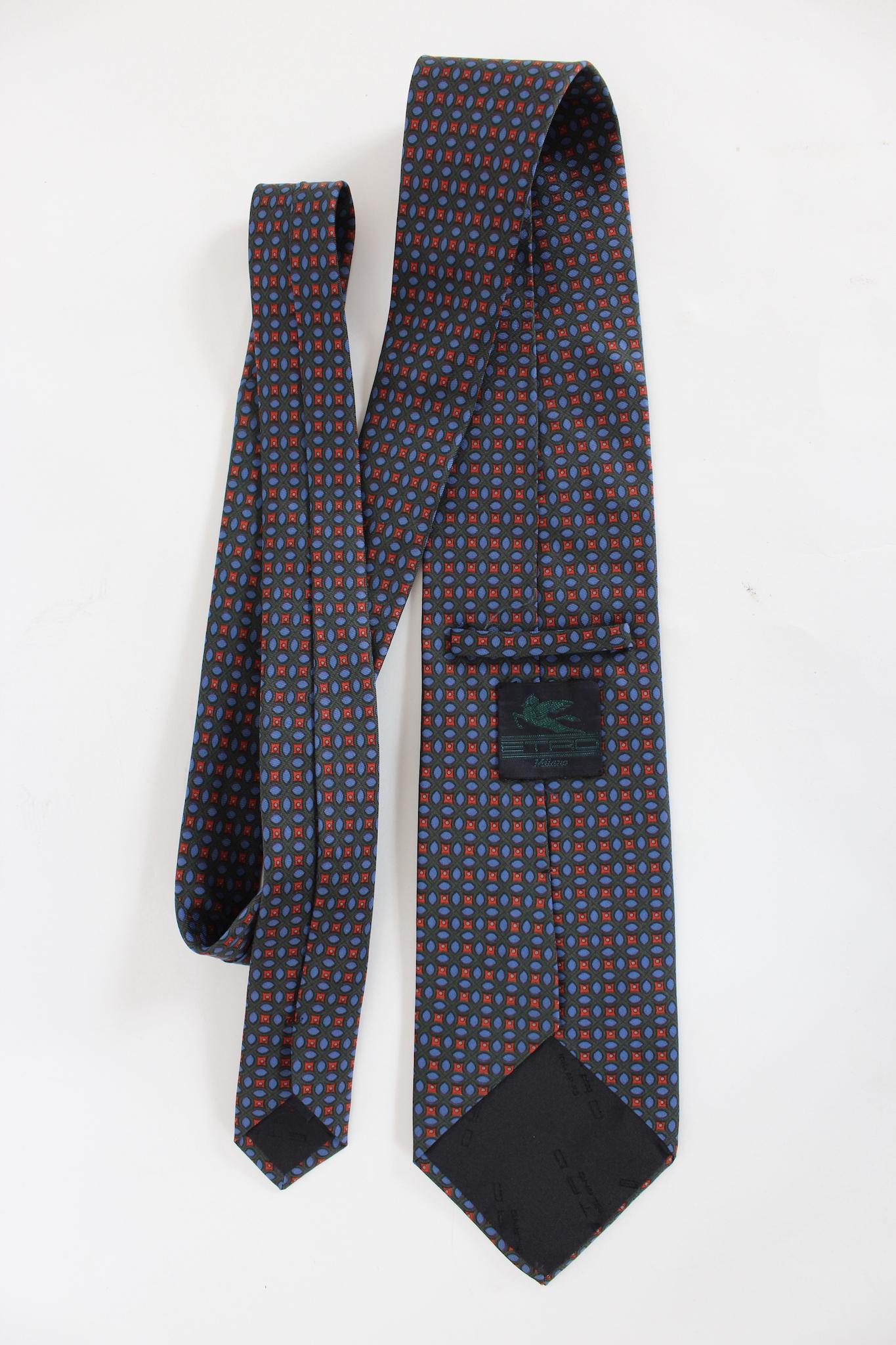 Noir Etro cravate classique vintage en soie verte et bleue en vente