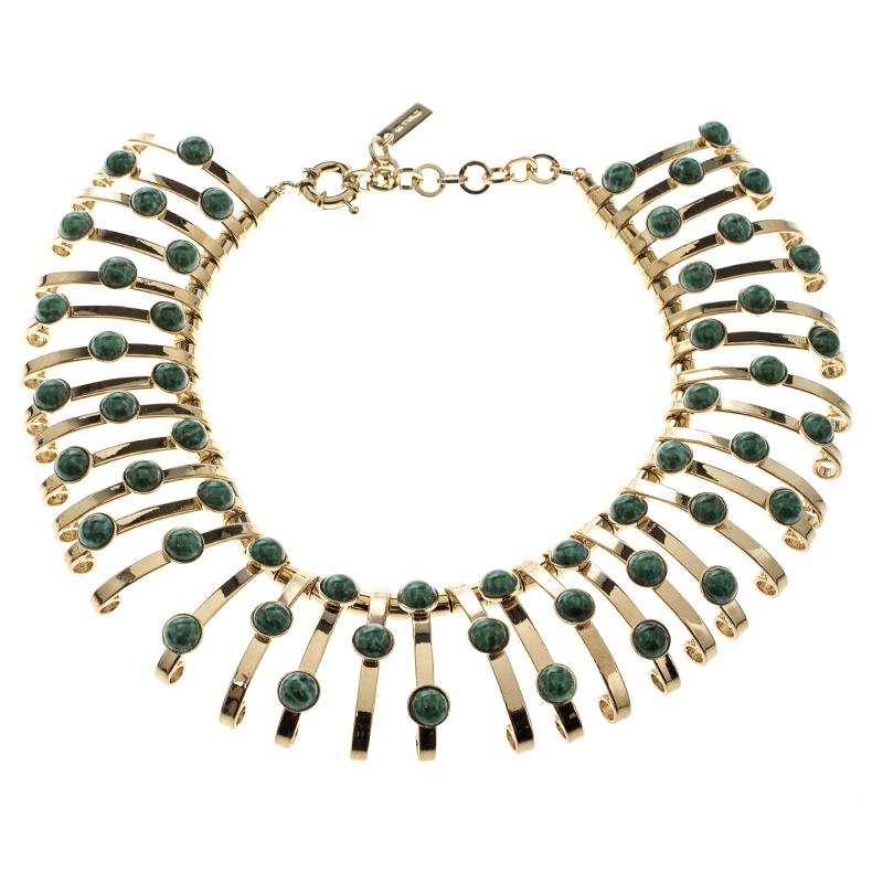 Etro Green Cabochon Gold Tone Binder Choker Necklace In Excellent Condition In Dubai, Al Qouz 2