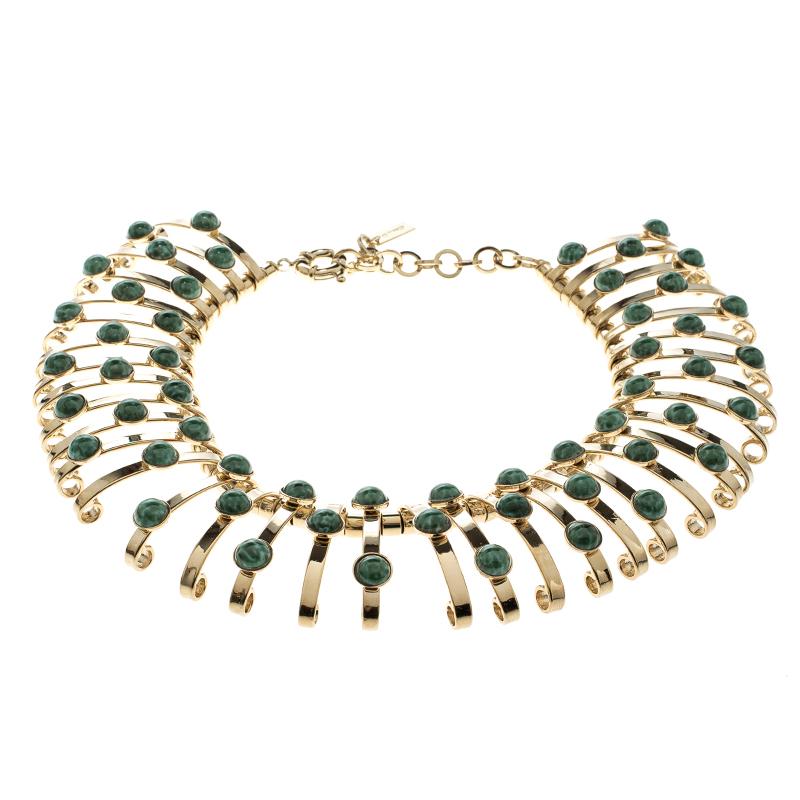 Etro Green Cabochon Gold Tone Binder Choker Necklace
