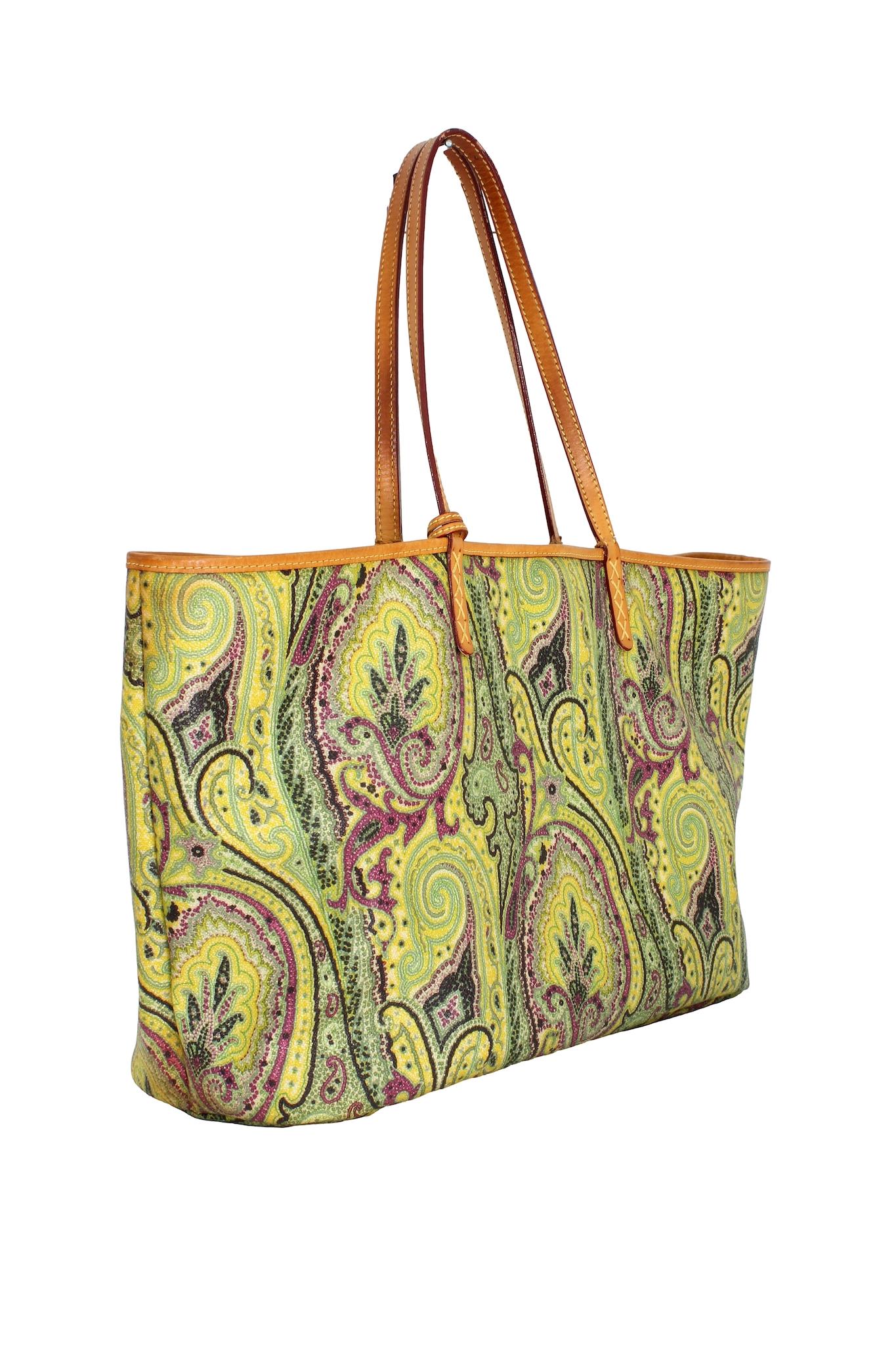 Women's Etro Green Canvas Paisley Tote Bag 2010s