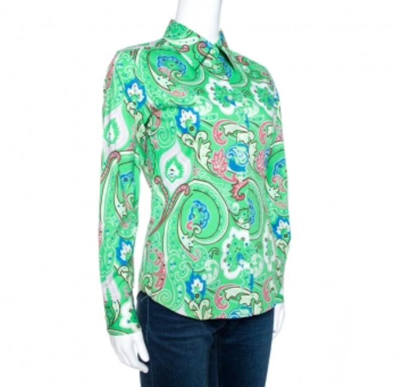 Etro - Chemise en coton extensible à imprimé floral cachemire vert S Bon état - En vente à Dubai, Al Qouz 2