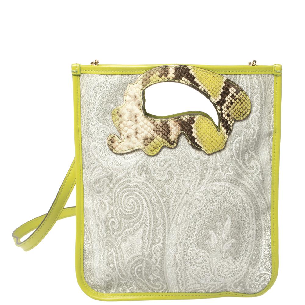 A beautiful and stylish bag to wear throughout the day or dress up for the day parties, this Etro crossbody bag can fit your essentials with ease. Crafted in grey paisley printed coated canvas, this bag is accented with green leather trimming, and