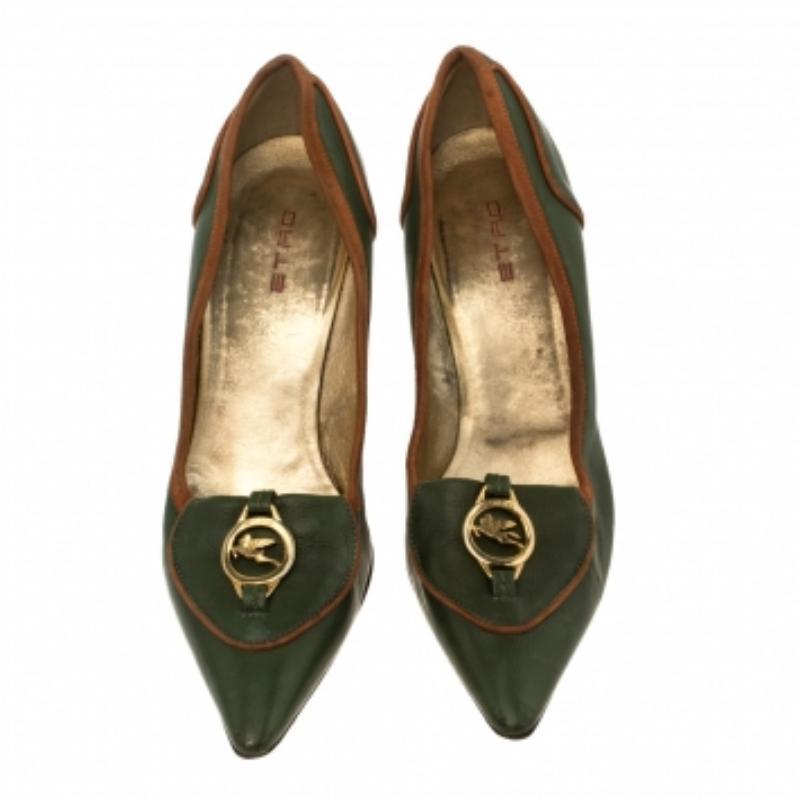 Etro Green Leather Logo Embellished Pointed Toe Pumps Size 38.5 For Sale 1