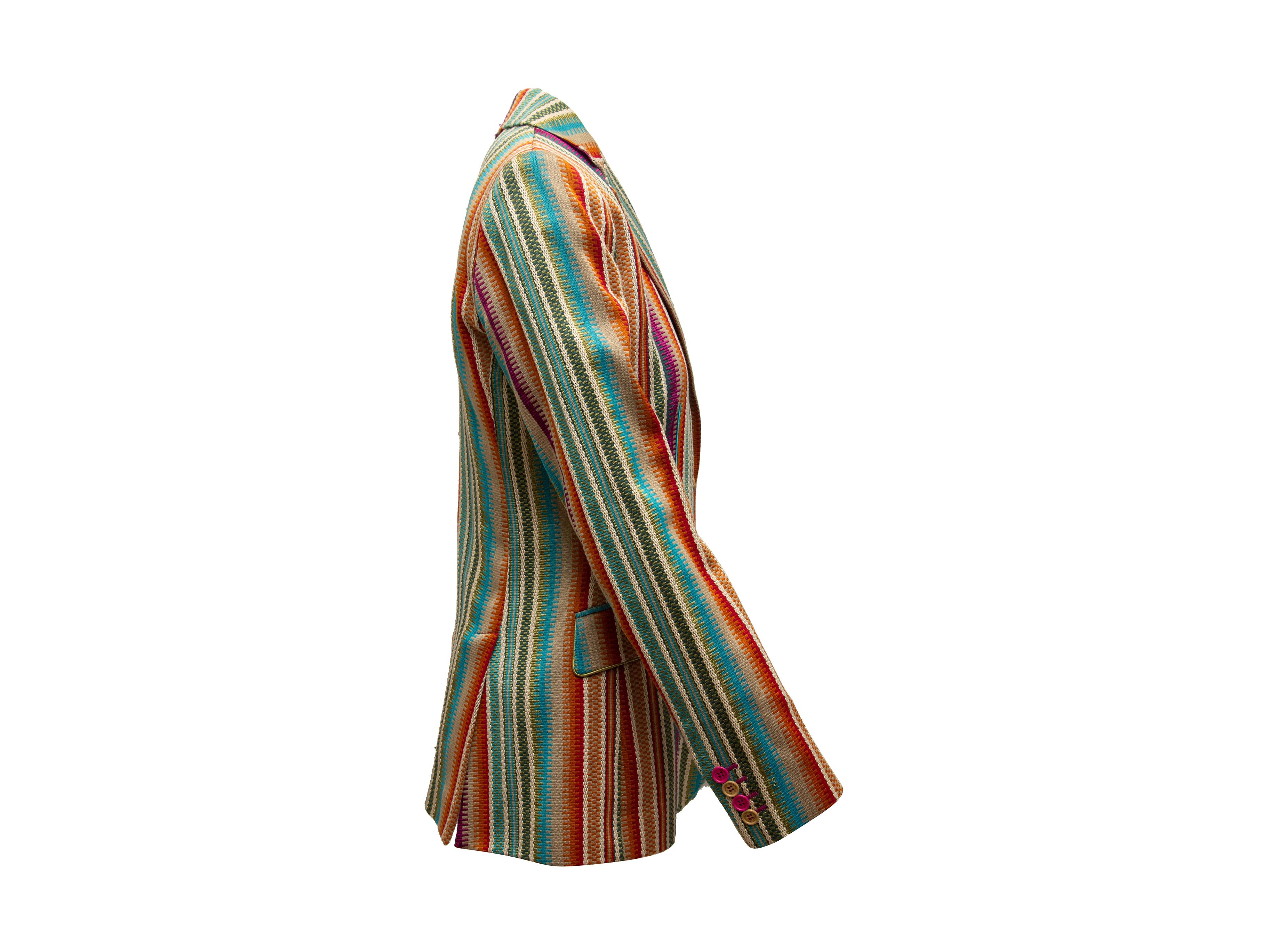 Product details: Green and multicolor striped blazer by Etro. Notched lapel. Single welt pocket at bust. Dual flap pockets at hips. Button closures at front. Designer size 44. 38