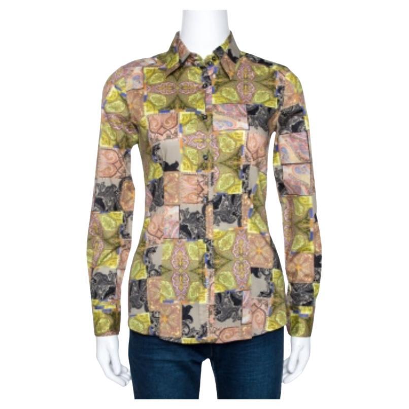 Etro Camisa de algodón elástico con estampado de cachemira verde S en venta