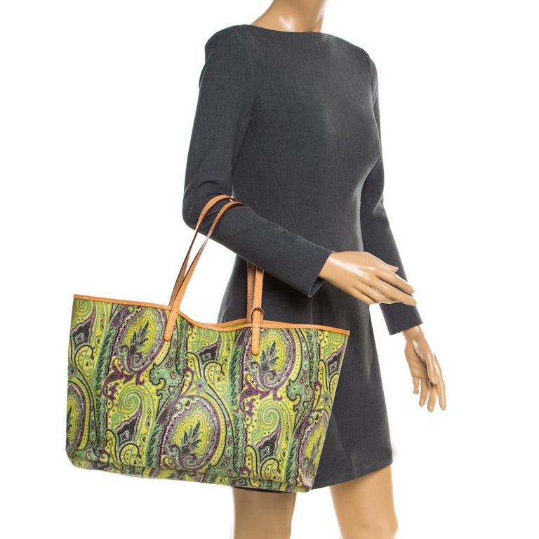 Etro Green Paisley Printed Coated Canvas Per Tote For