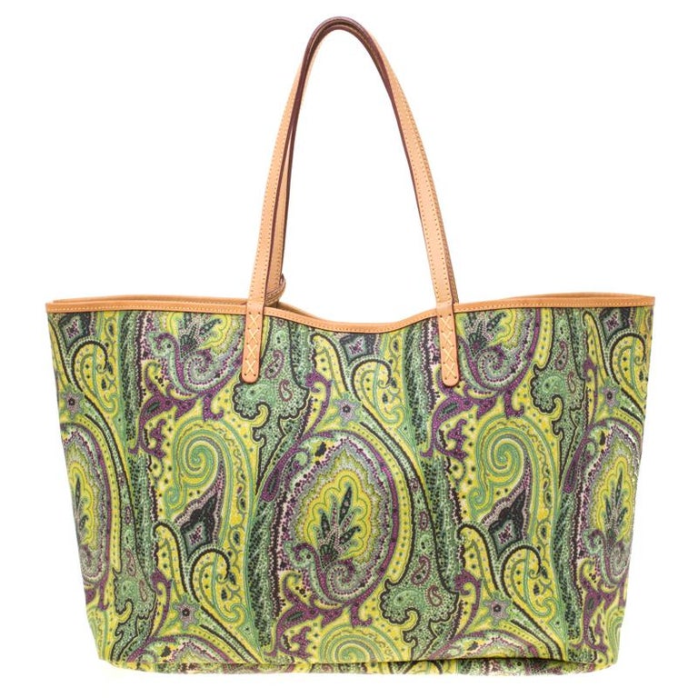 Etro Green Paisley Printed Coated Canvas Shopper Tote For Sale at