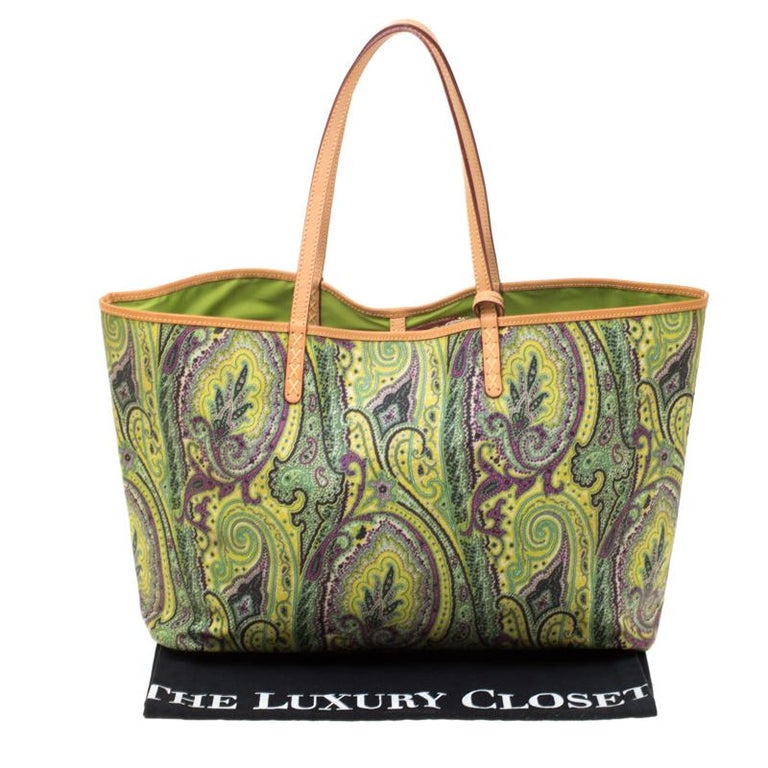 Etro Green Paisley Printed Coated Canvas Shopper Tote For Sale at