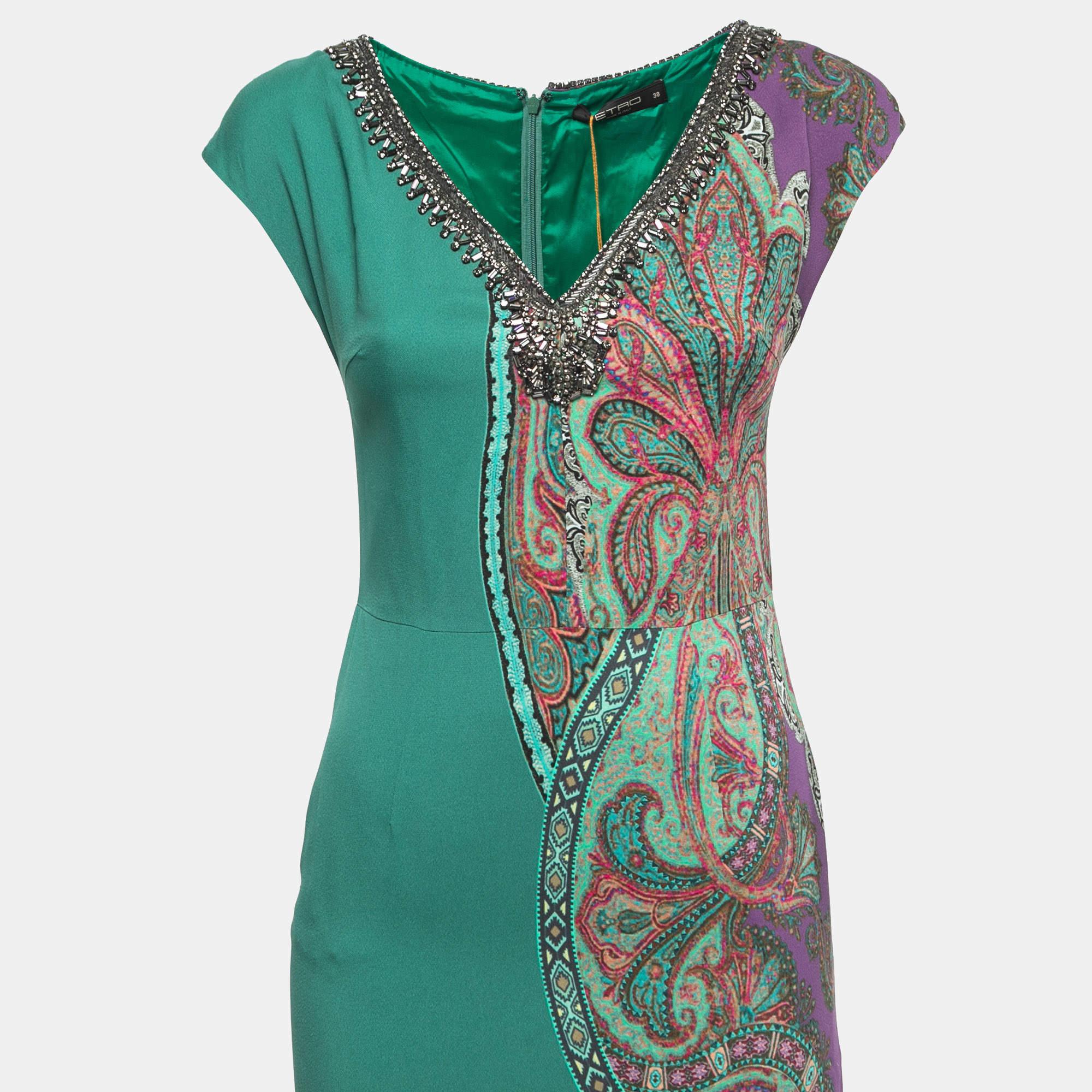 Etro Green Paisley Printed Crepe Embellished Maxi Dress  For Sale 1