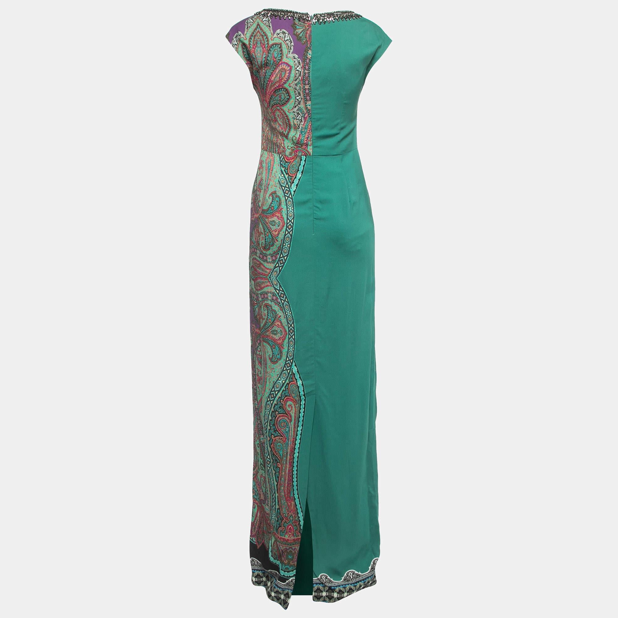 Etro Green Paisley Printed Crepe Embellished Maxi Dress  For Sale 2
