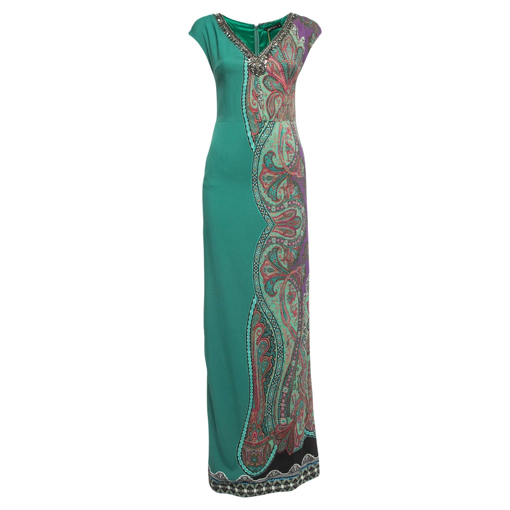 Etro Green Paisley Printed Crepe Embellished Maxi Dress  For Sale
