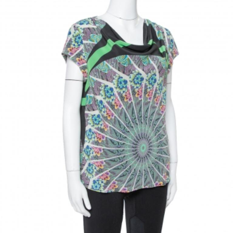 Etro Green Paisley Printed Silk Cowl Neck Top L In Good Condition For Sale In Dubai, Al Qouz 2
