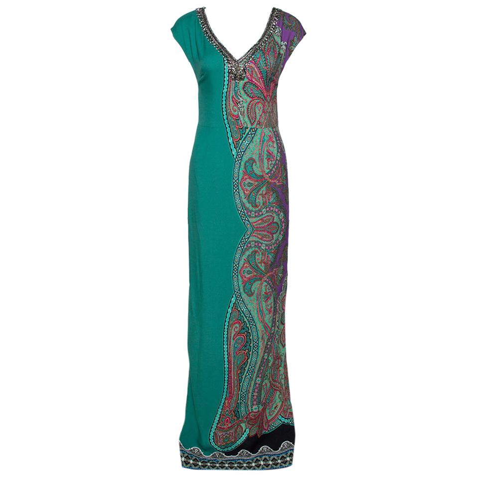 Etro Green Paisley Printed Stretch Crepe Bead Embellished Maxi Dress S