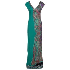 Etro Green Paisley Printed Stretch Crepe Bead Embellished Maxi Dress S