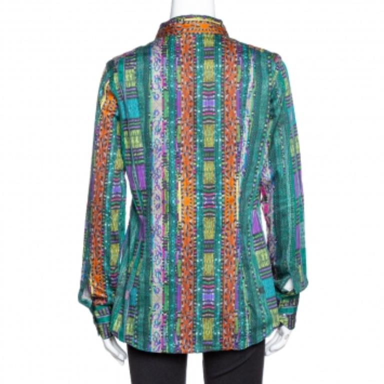 Women's Etro Green Printed Stretch Cotton Long Sleeve Shirt L For Sale