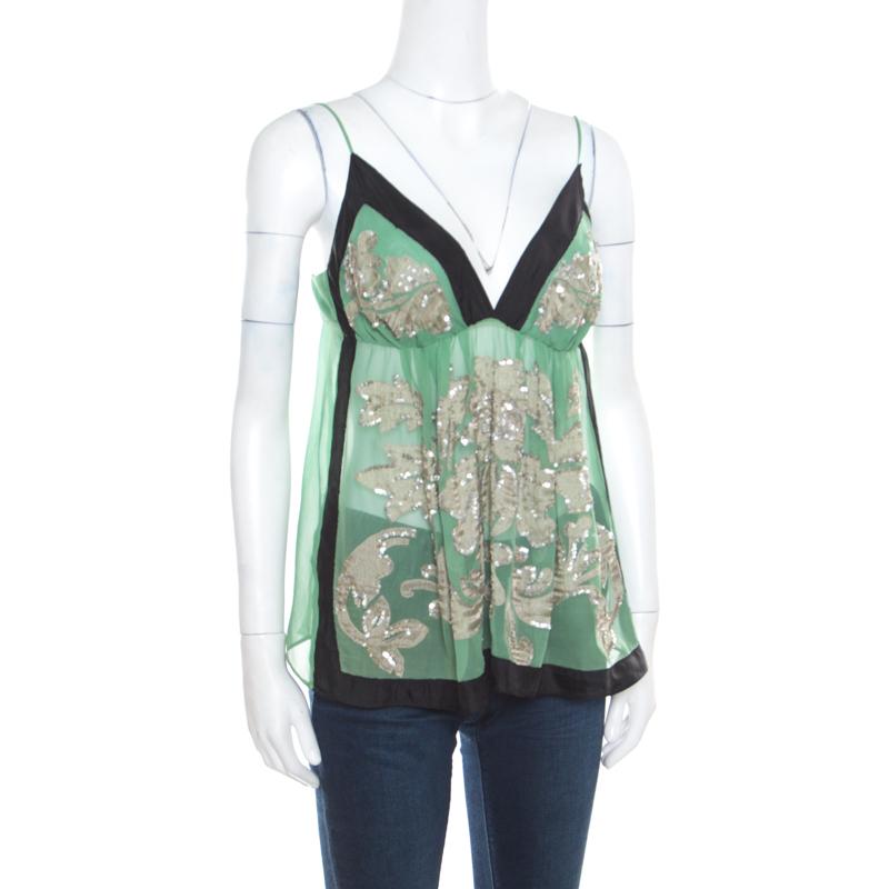Gray Etro Green Sheer Silk Sequined Floral Applique Detail Babydoll Top L