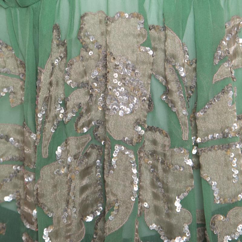 Etro Green Sheer Silk Sequined Floral Applique Detail Babydoll Top L In Good Condition In Dubai, Al Qouz 2