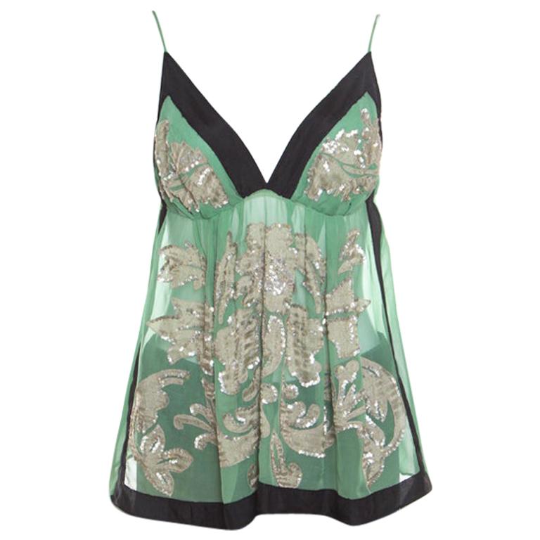 Etro Green Sheer Silk Sequined Floral Applique Detail Babydoll Top L