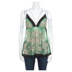 Etro Green Sheer Silk Sequined Floral Applique Detail Babydoll Top L