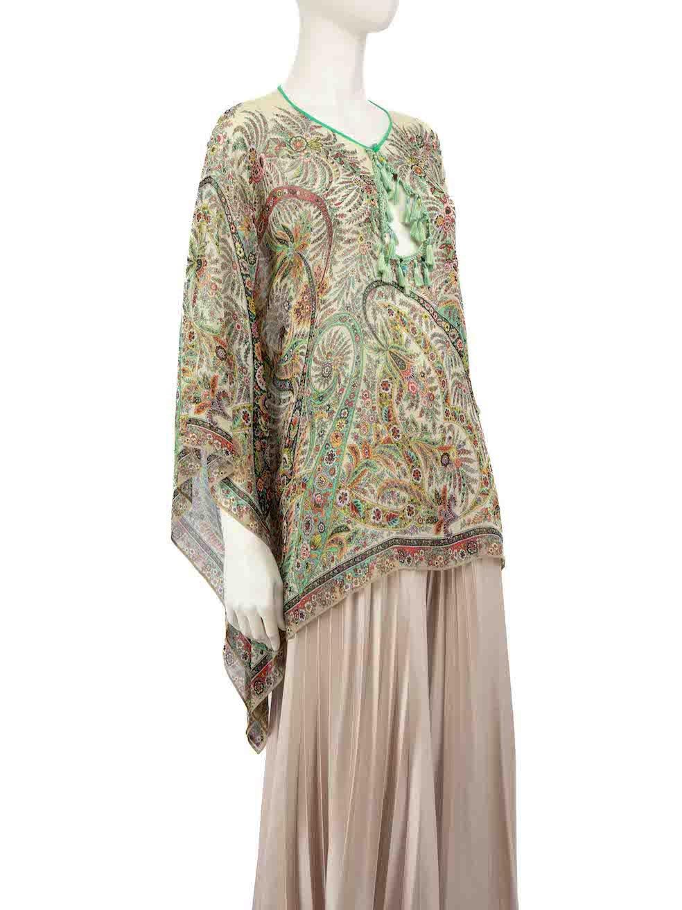 CONDITION is Very good. Hardly any visible wear to the blouse is evident on this used Etro designer resale item. Please note that this item does not come with a size label.
 
 
 
 Details
 
 
 Green
 
 Silk
 
 Top
 
 Floral print
 
 Sheer
 
 Long