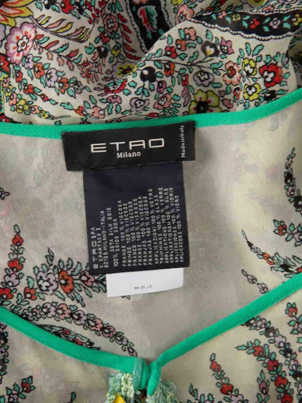 Women's Etro Green Silk Floral Pattern Tassel Accent Top Size M