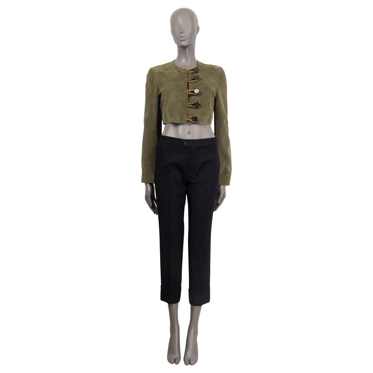 100% authentic Etro cropped jacket in green goatskin suede. Features buttoned cuffs and a round neck. Opens with five big metal button loops and emerald green buttons. Lined in multi colored paisley printed silk (100%). Has been worn and is in