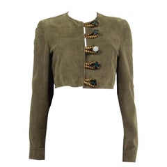 ETRO green suede EMBELLISHED CROPPED Jacket 46 XL