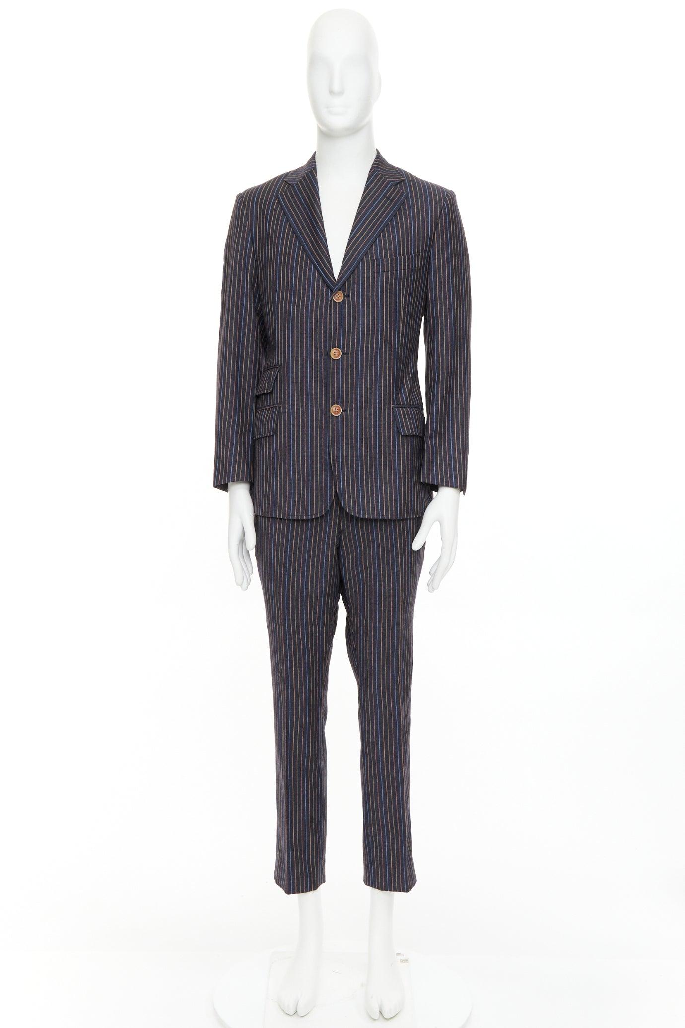 ETRO grey brown multi pinstripe single breasted cropped blazer pants set IT52 XL en vente 6