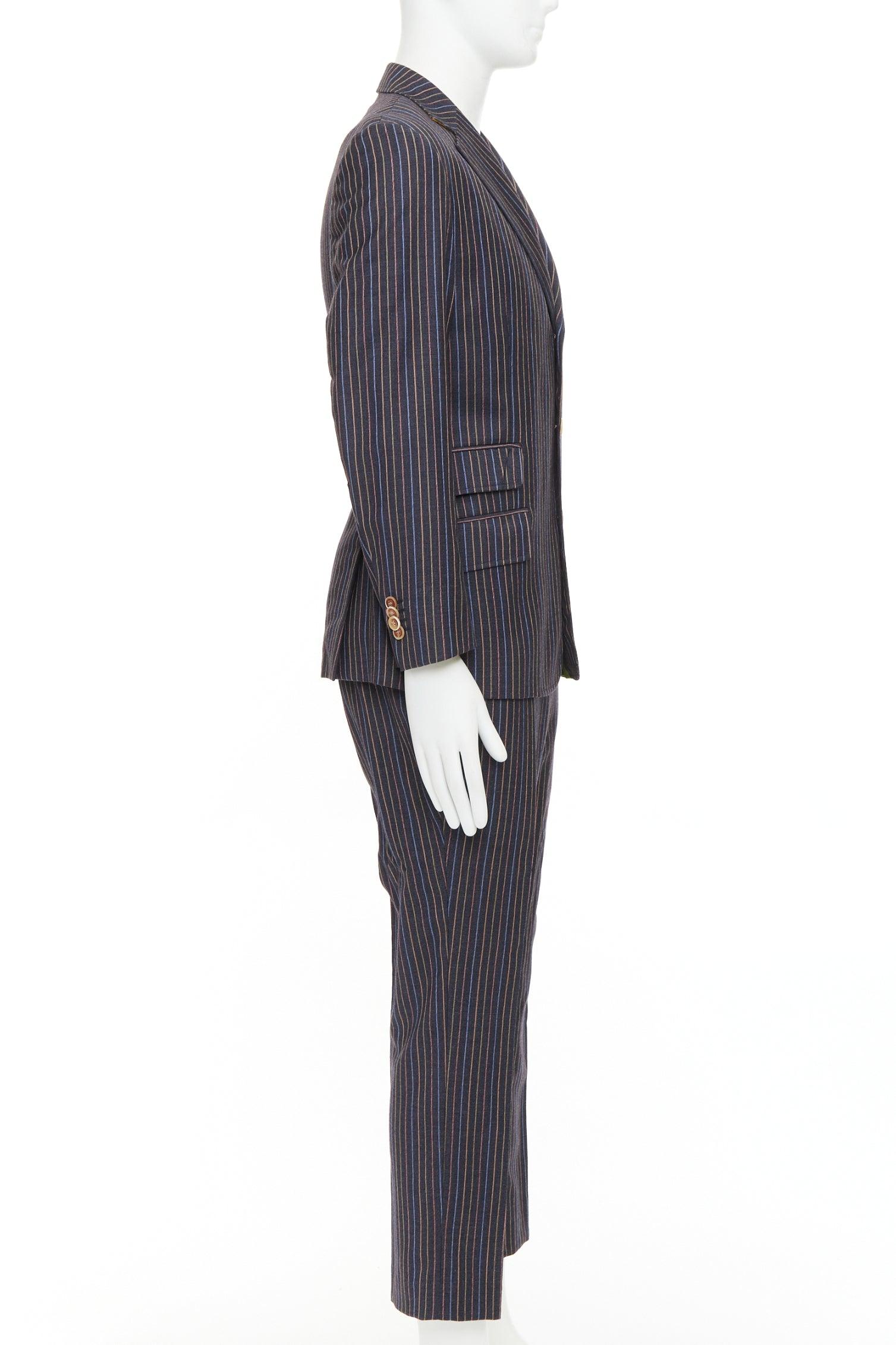 ETRO grey brown multi pinstripe single breasted cropped blazer pants set IT52 XL Excellent état - En vente à Hong Kong, NT