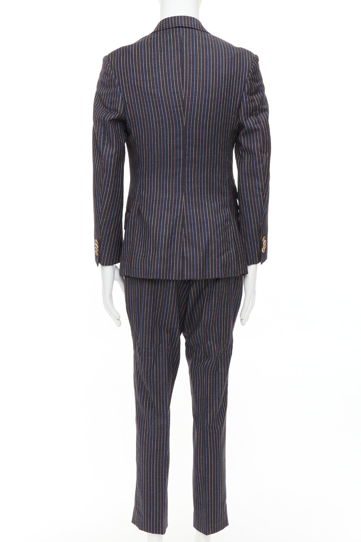 ETRO grey brown multi pinstripe single breasted cropped blazer pants set IT52 XL Pour hommes en vente