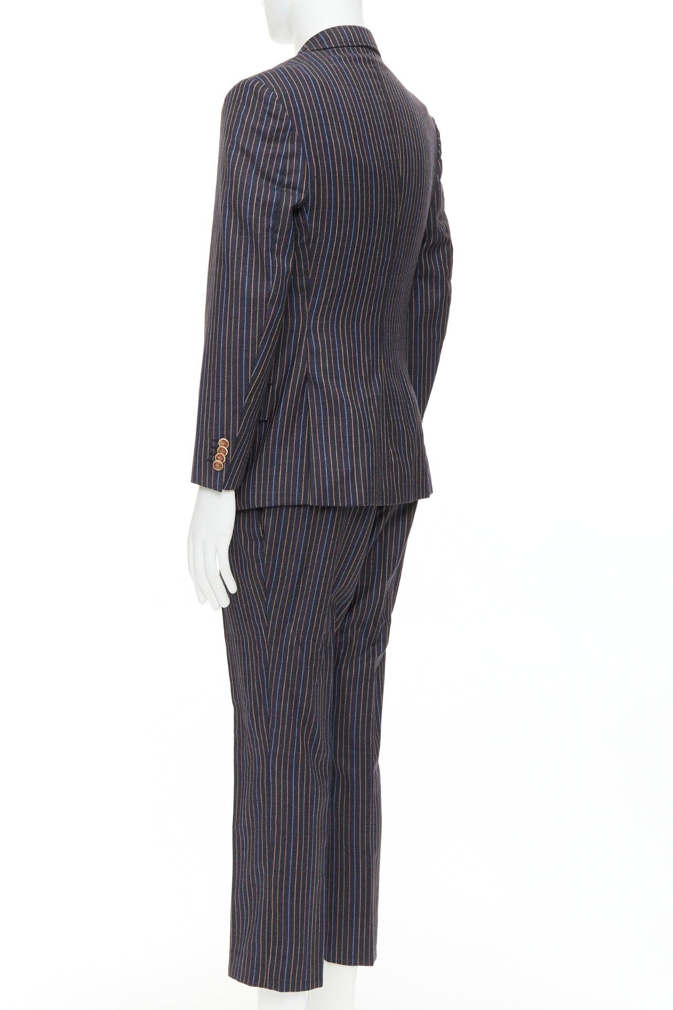 ETRO grey brown multi pinstripe single breasted cropped blazer pants set IT52 XL en vente 1