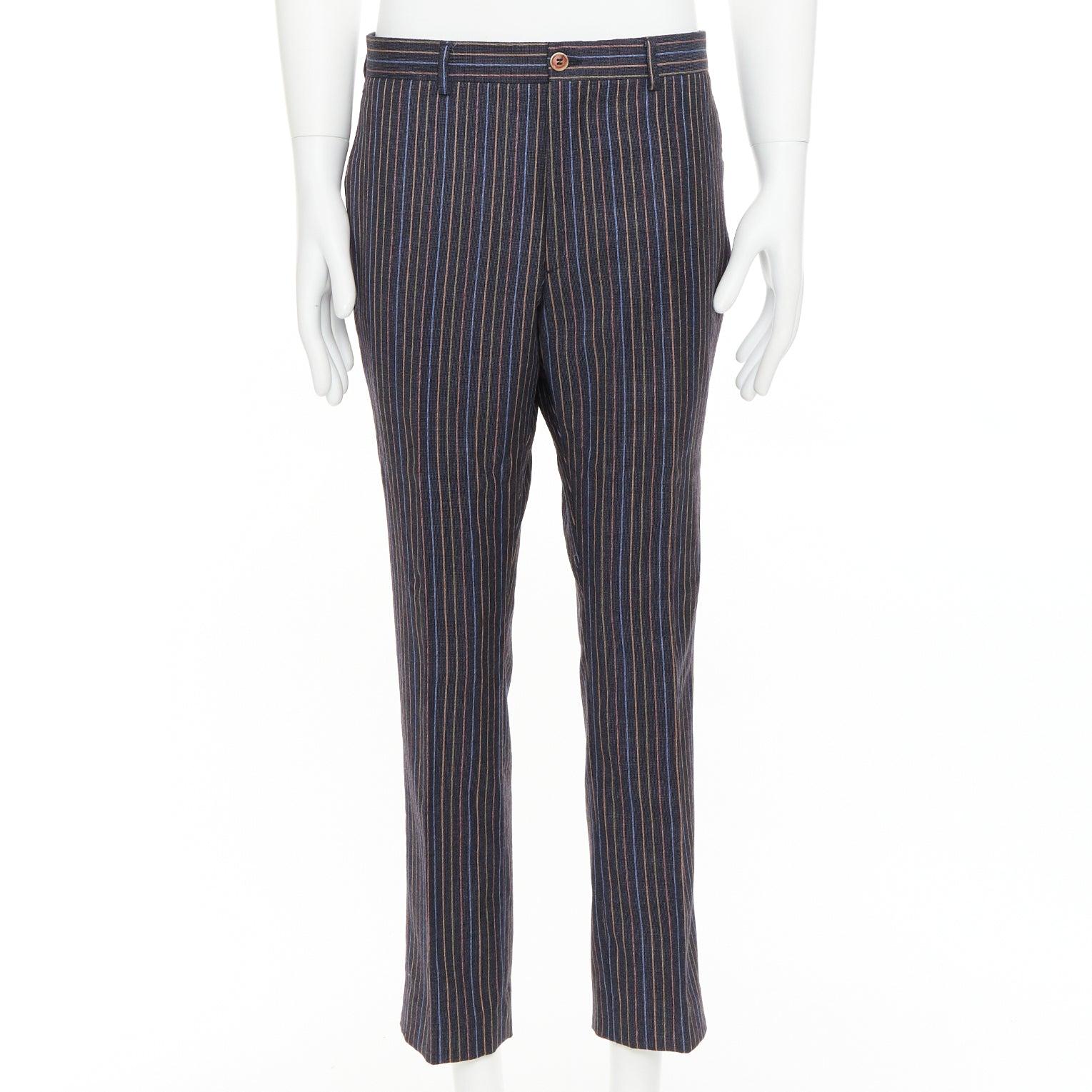 ETRO grey brown multi pinstripe single breasted cropped blazer pants set IT52 XL en vente 2