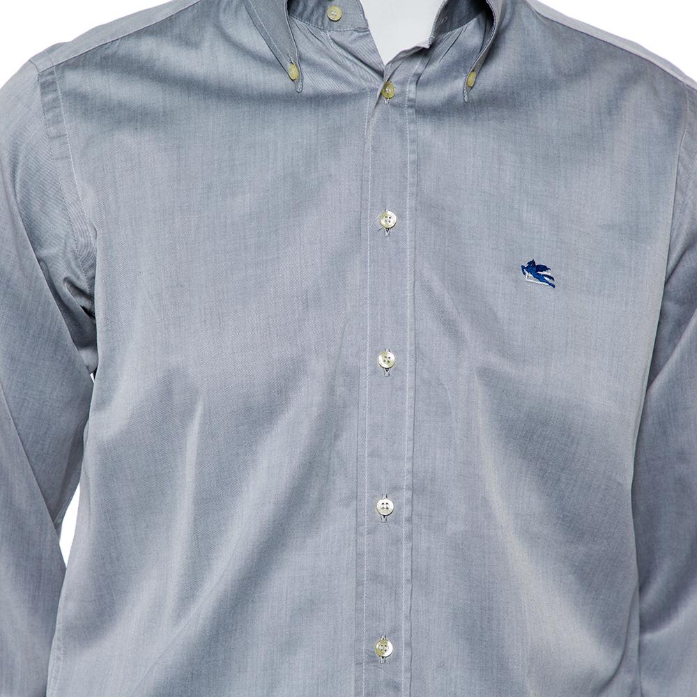 Etro Grey Cotton Logo Embroidered Button Front Shirt M For Sale 1