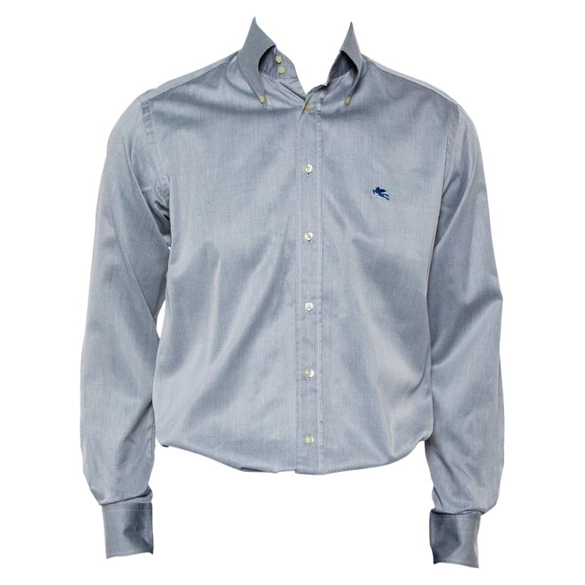 Etro Grey Cotton Logo Embroidered Button Front Shirt M For Sale