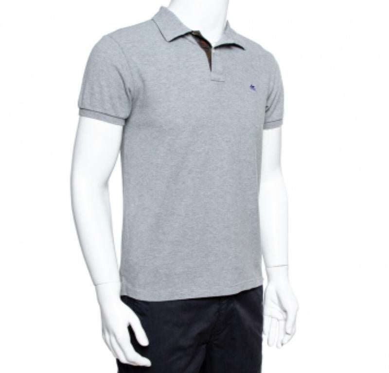 Men's Etro Grey Cotton Logo Embroidered Polo T-Shirt S For Sale
