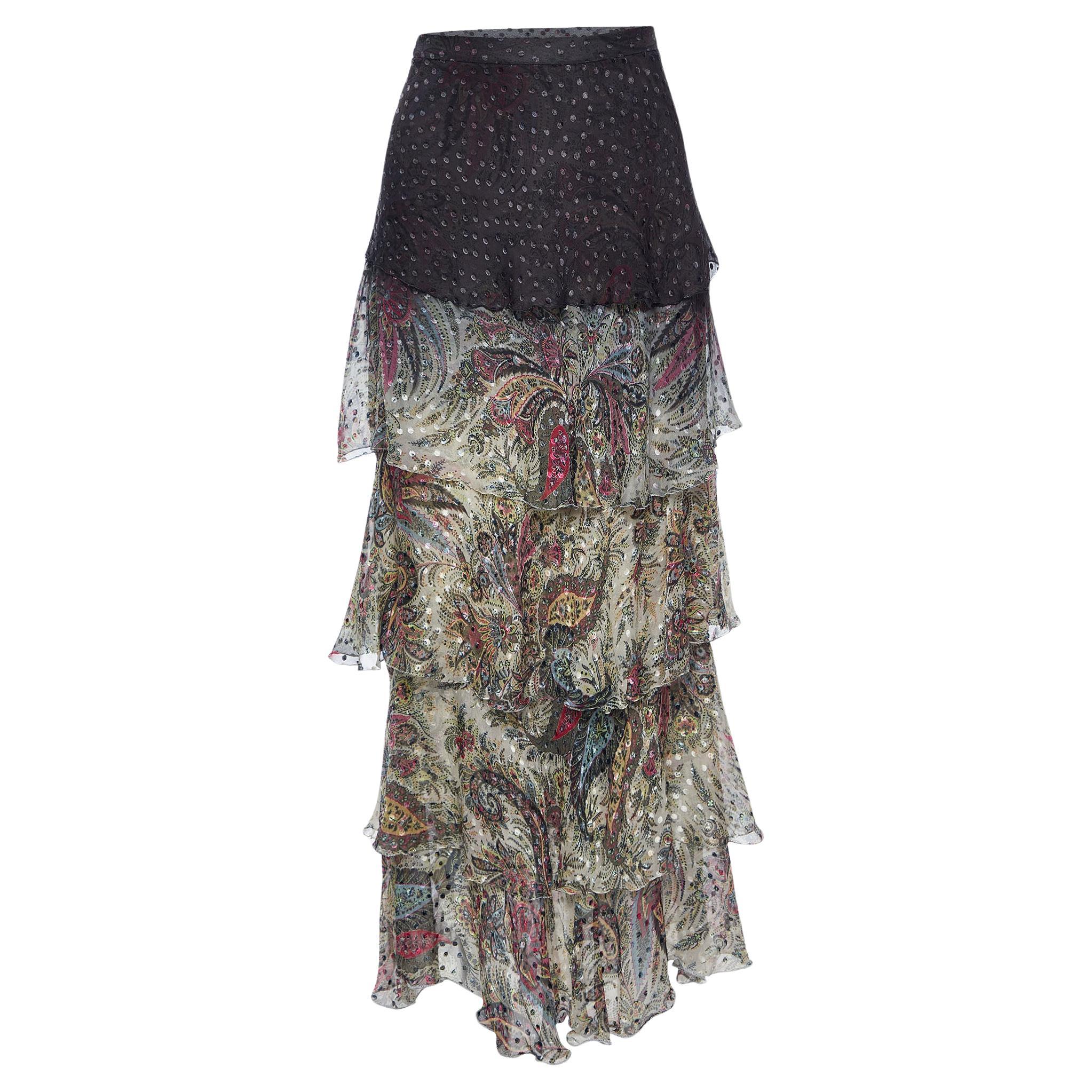 Etro Grey/Cream Ombre Paisley Print Silk Tiered Maxi Skirt L For Sale