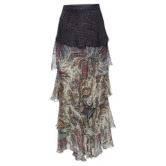 Used Etro Grey/Cream Ombre Paisley Print Silk Tiered Maxi Skirt L
