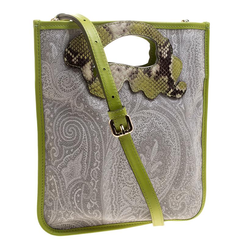 Etro Grey/Green Paisley Coated Canvas Crossbody Bag In New Condition In Dubai, Al Qouz 2