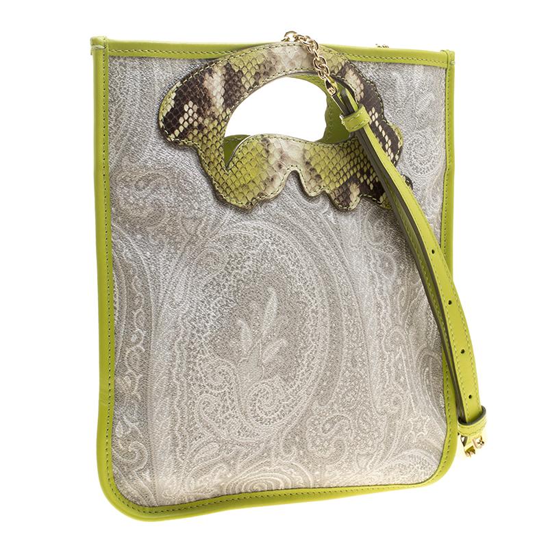 Women's Etro Grey/Green Paisley Printed Coated Canvas and Leather Crossbody Bag