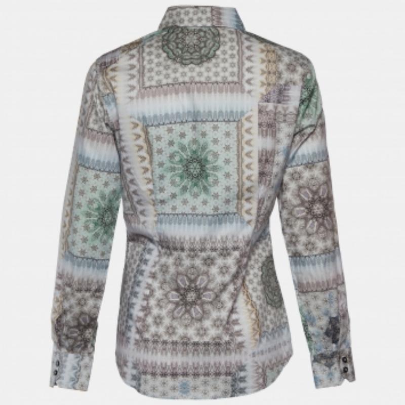 Grigio Etro, camicia grigia con stampa caleidoscopica in cotone elasticizzato con bottoni, M. I. in vendita