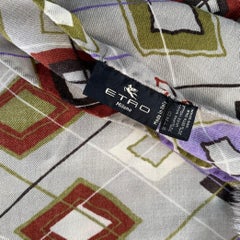 ETRO Grey Multi Color Argyle Wool Silk Fringe Scarf